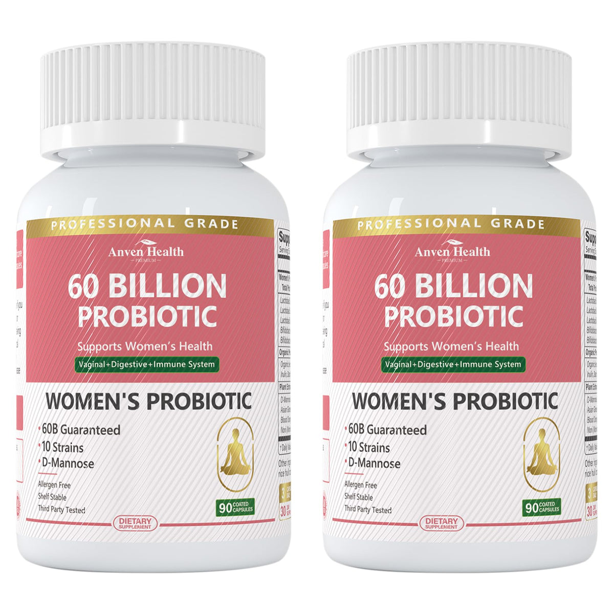 Anven Health Probiotics for Women bottle shows daily balance support for gut and urinary health.