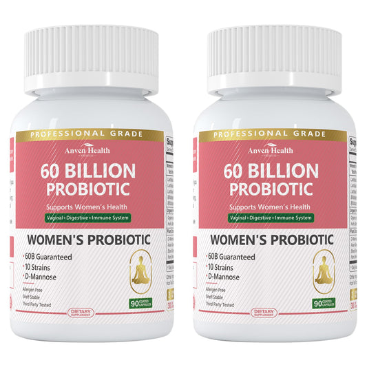 Anven Health Probiotics for Women bottle shows daily balance support for gut and urinary health.