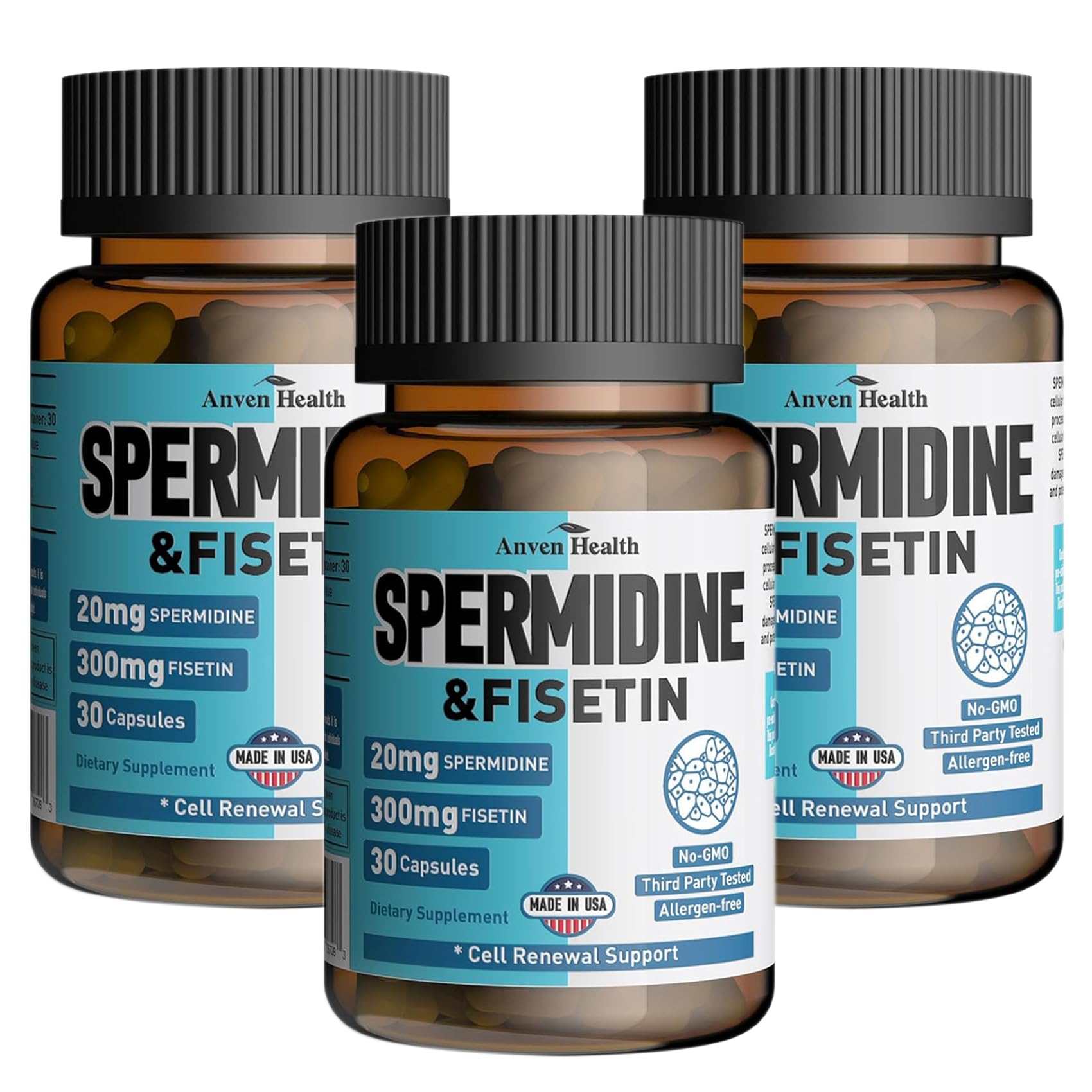 Anven Health Spermidine-Fisetin bottle front for daily longevity support.
