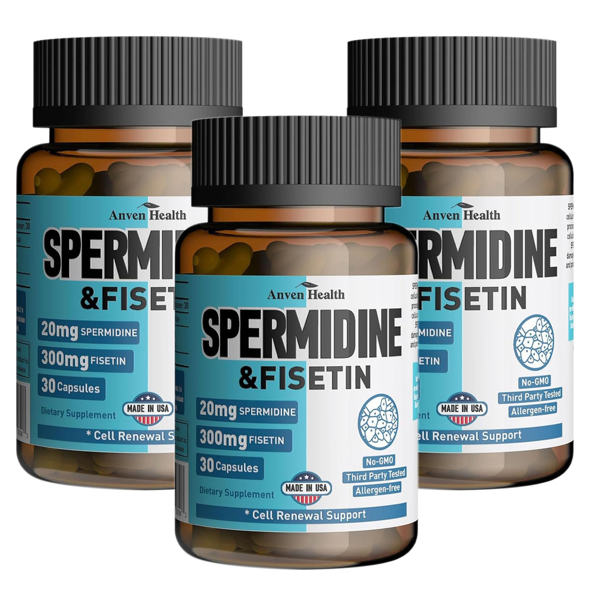 Anven Health Spermidine-Fisetin bottle front for daily longevity support.