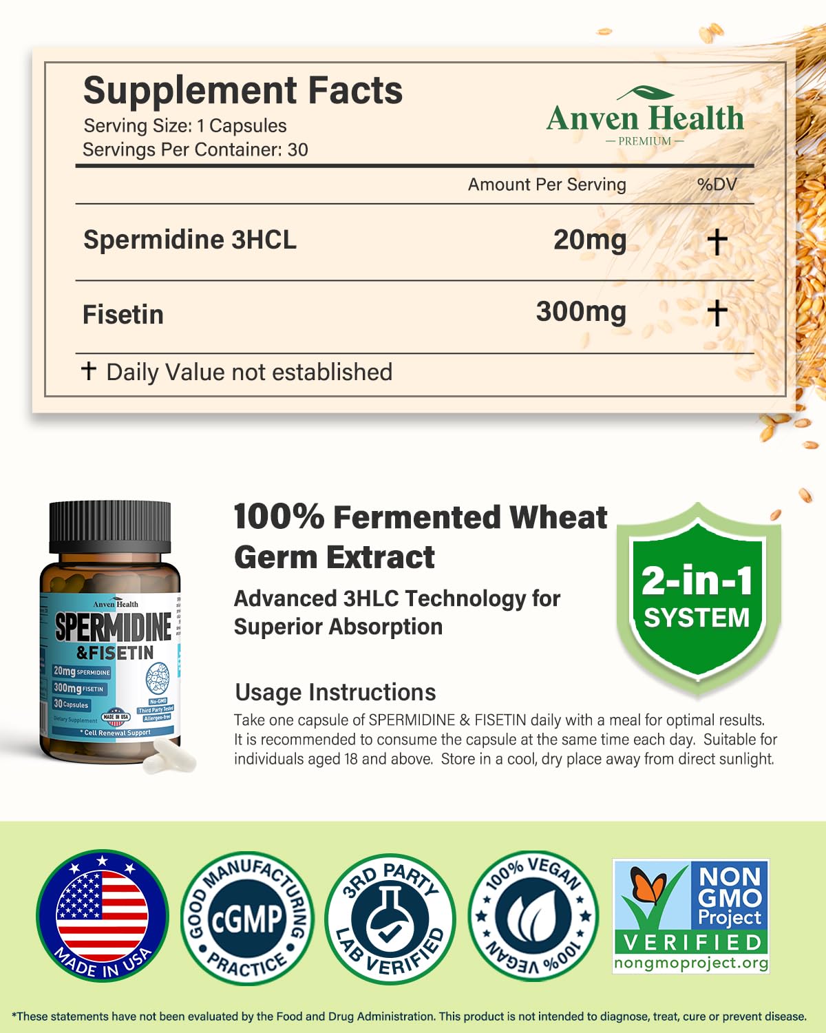 Anven Health Spermidine-Fisetin capsules closeup for easy daily use.