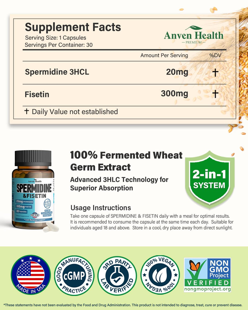 Anven Health Spermidine-Fisetin capsules closeup for easy daily use.
