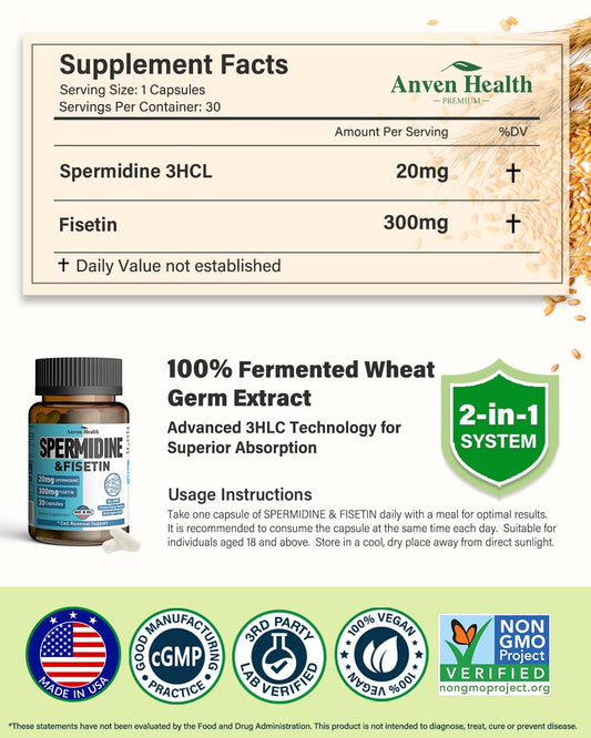 Anven Health Spermidine-Fisetin capsules closeup for easy daily use.