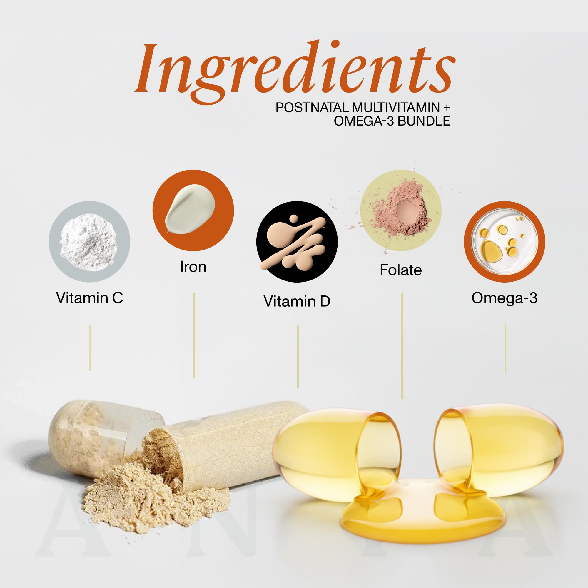 ANYA postnatal multivitamin capsules closeup emphasizing essential nutrients for skin and hair
