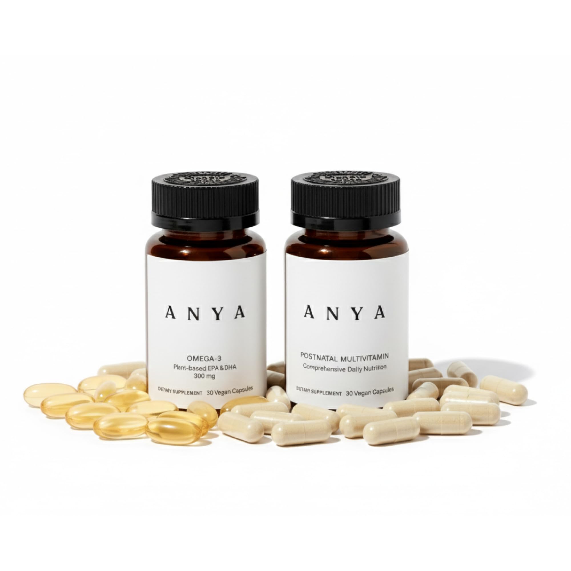 ANYA postnatal vitamin bottle front showing vegan supplement for breastfeeding support