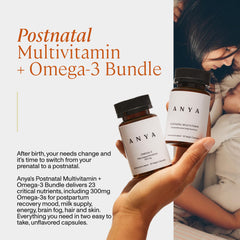 ANYA postnatal vitamin pack shot highlighting DHA-rich omega-3 for baby brain health