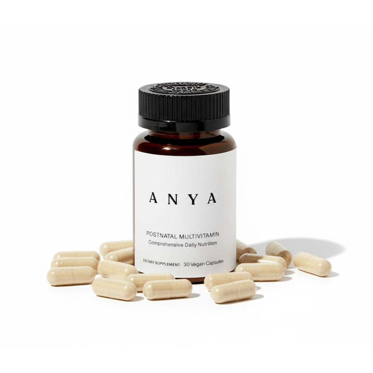 ANYA Postpartum multivitamin bottle on a clean surface suggests daily energy support.