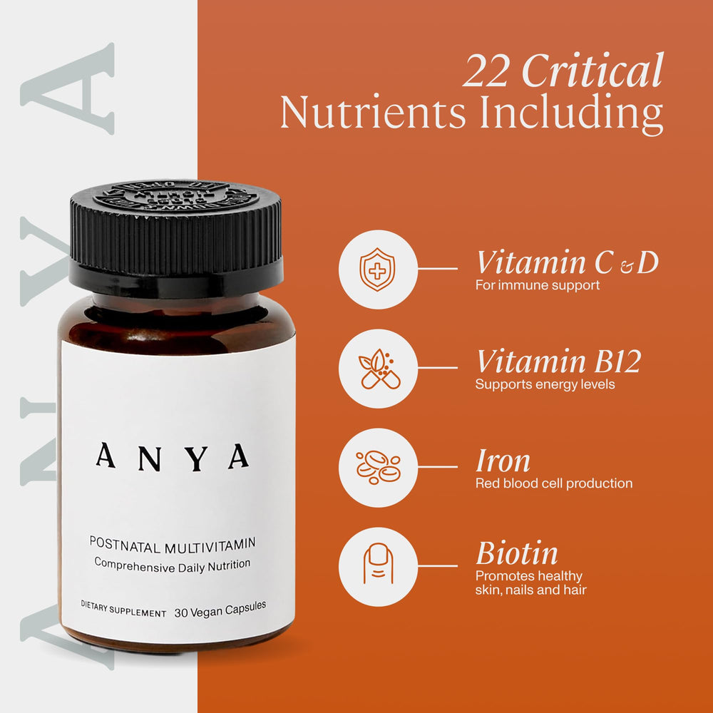 ANYA postpartum multivitamin label detail displays vegan and allergen-free ingredients.