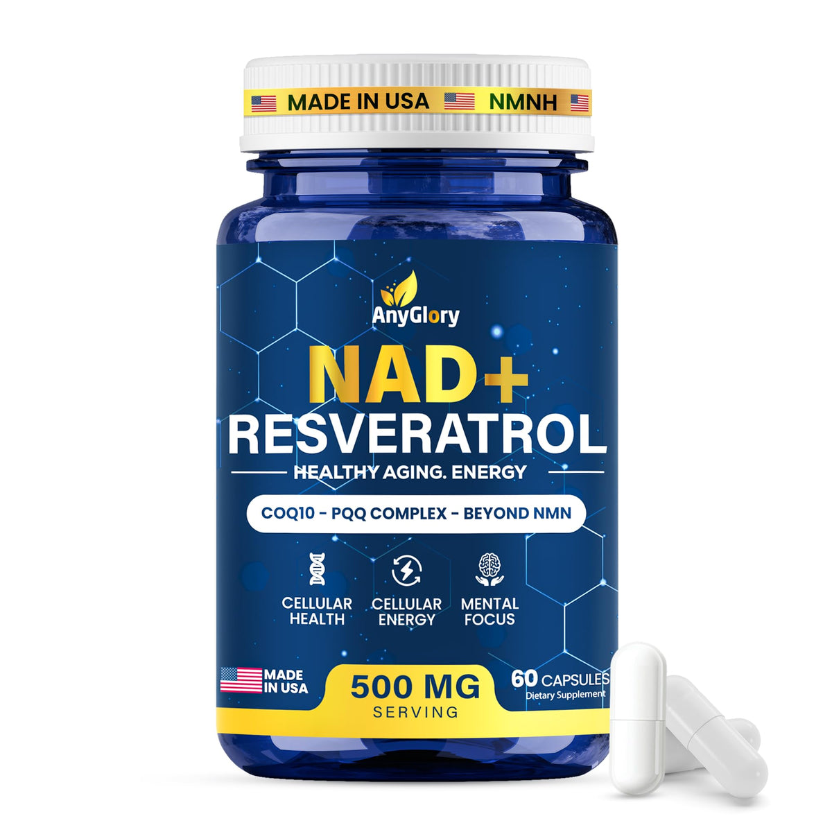 Anyglory NAD+ 5-in-1 bottle front view; daily energy support.