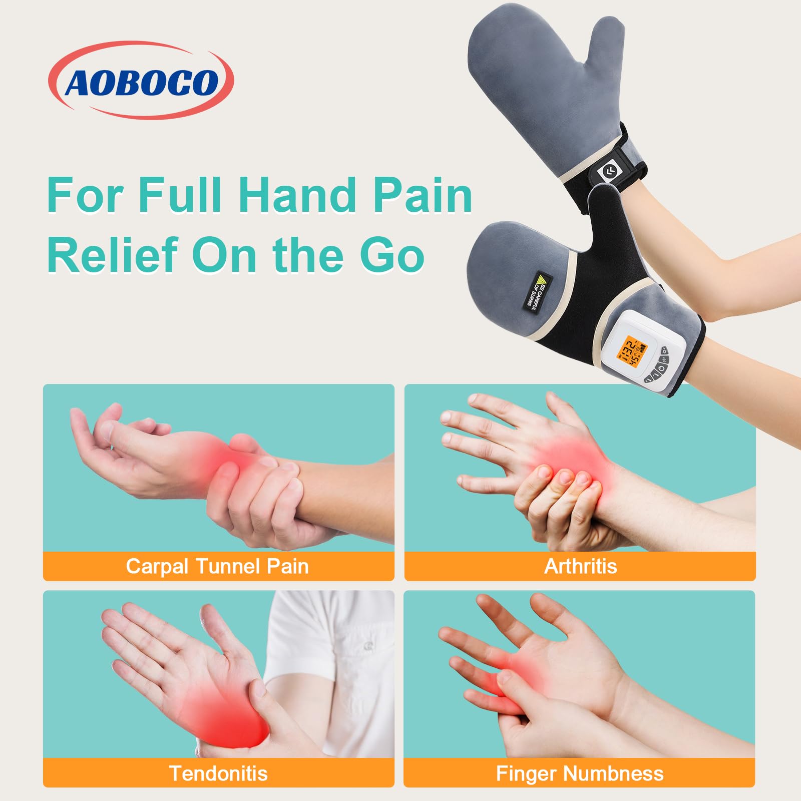 AOBOCO cordless hand massager on the go for warmth.