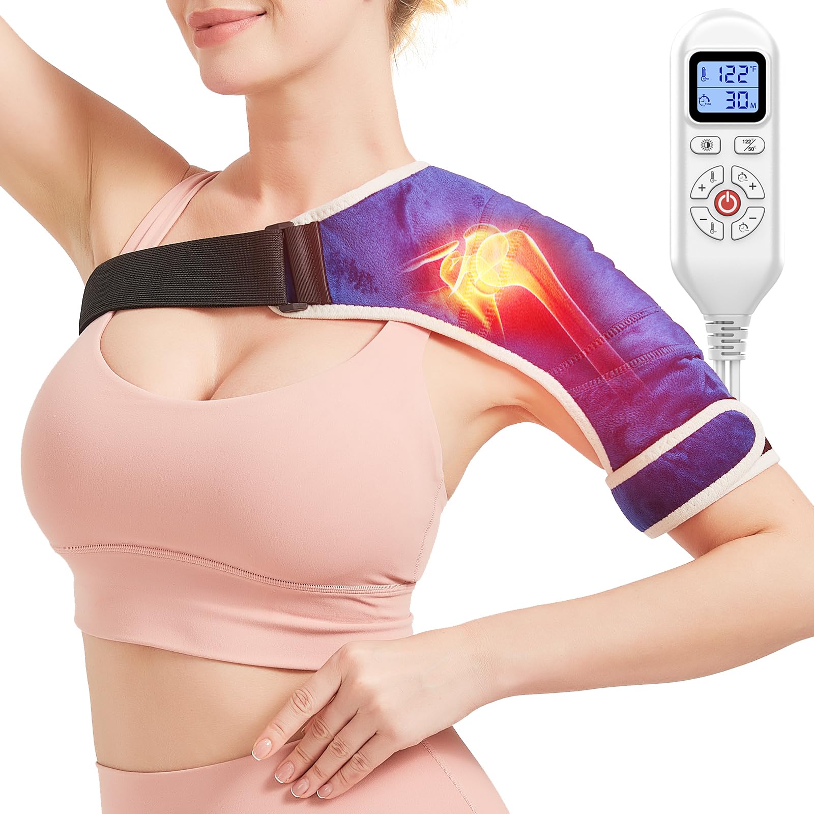 AOBOCO shoulder heating pad on shoulder delivers targeted warmth for tired muscles.