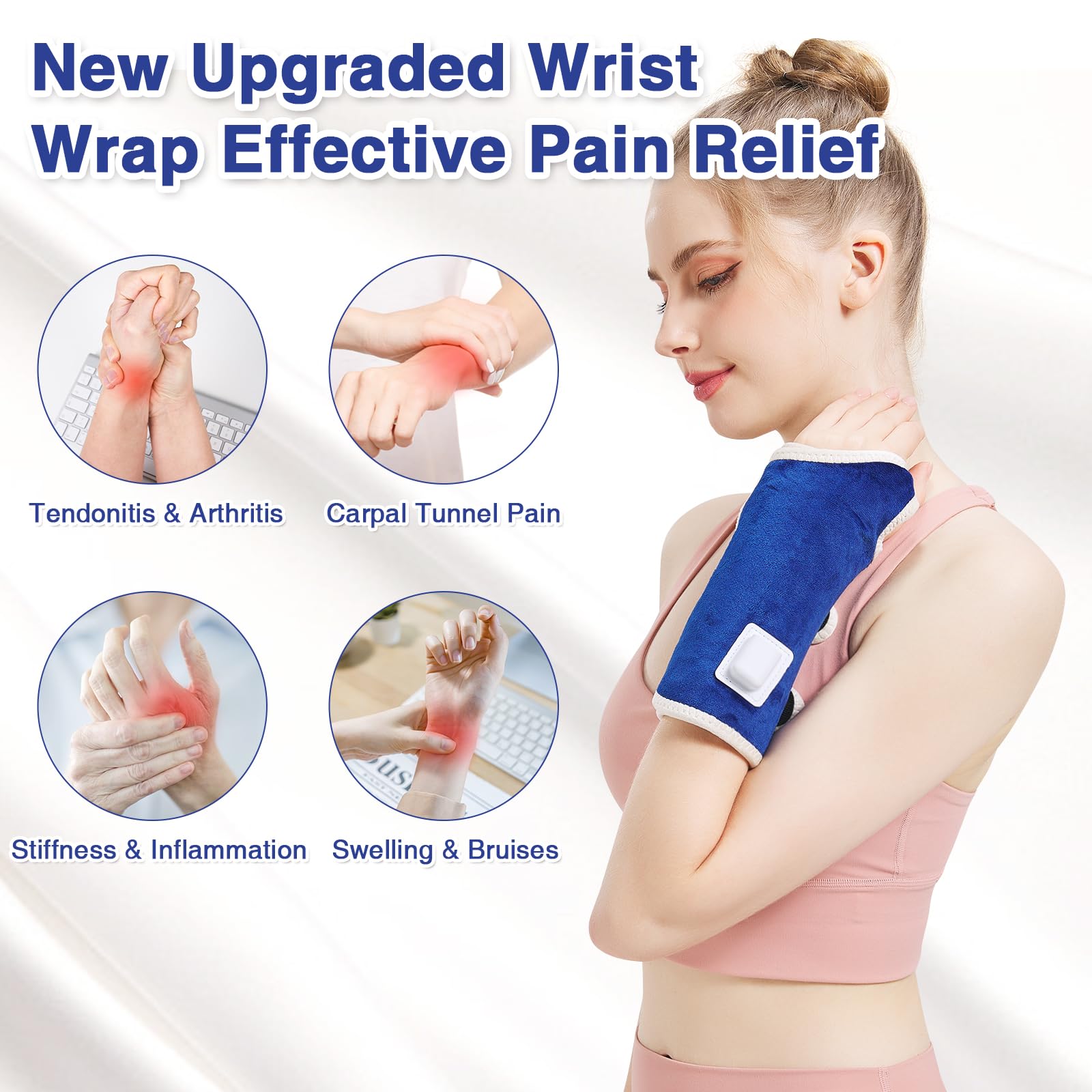 AOBOCO wrist heating pad wrap back view demonstrating adjustable straps for secure fit.