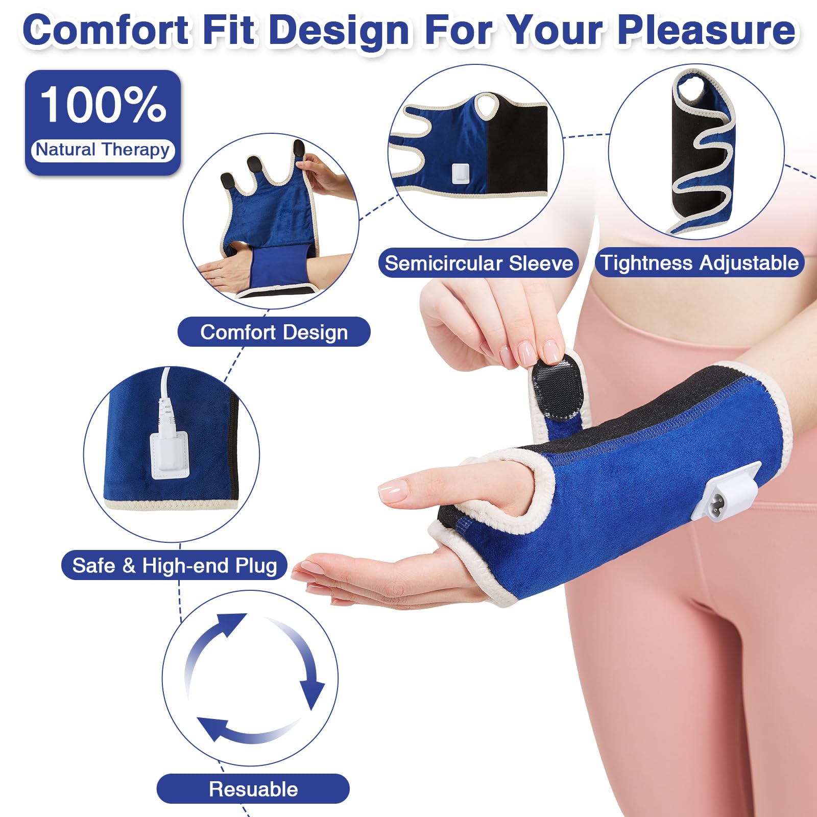 AOBOCO wrist heating pad wrap on arm demonstrates versatile use for forearm and wrist comfort.