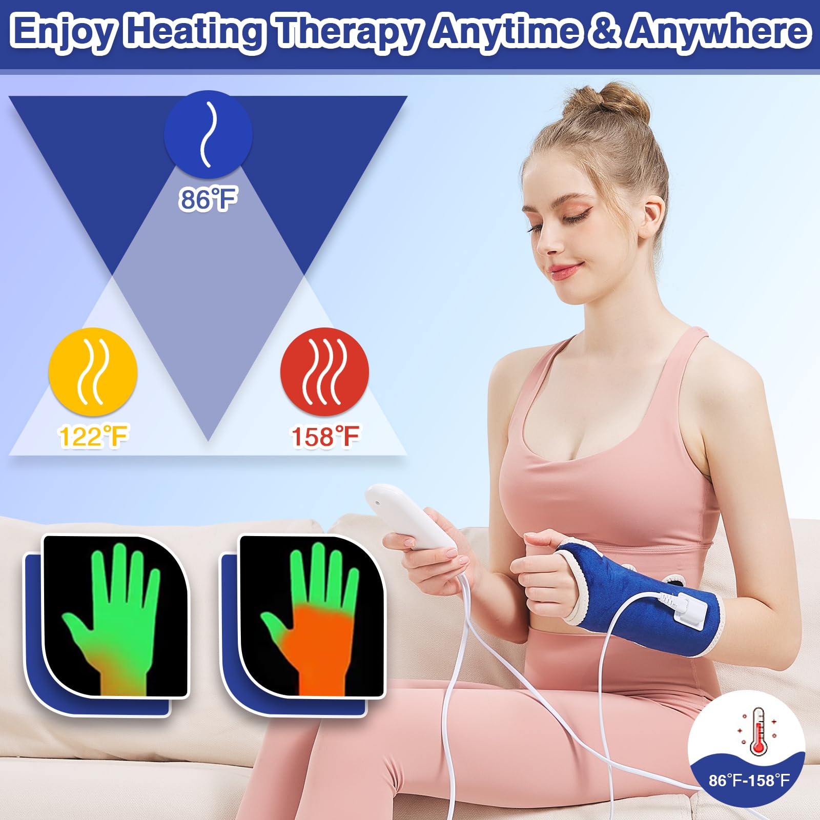 AOBOCO wrist heating pad wrap with long cord ready for home or office use.