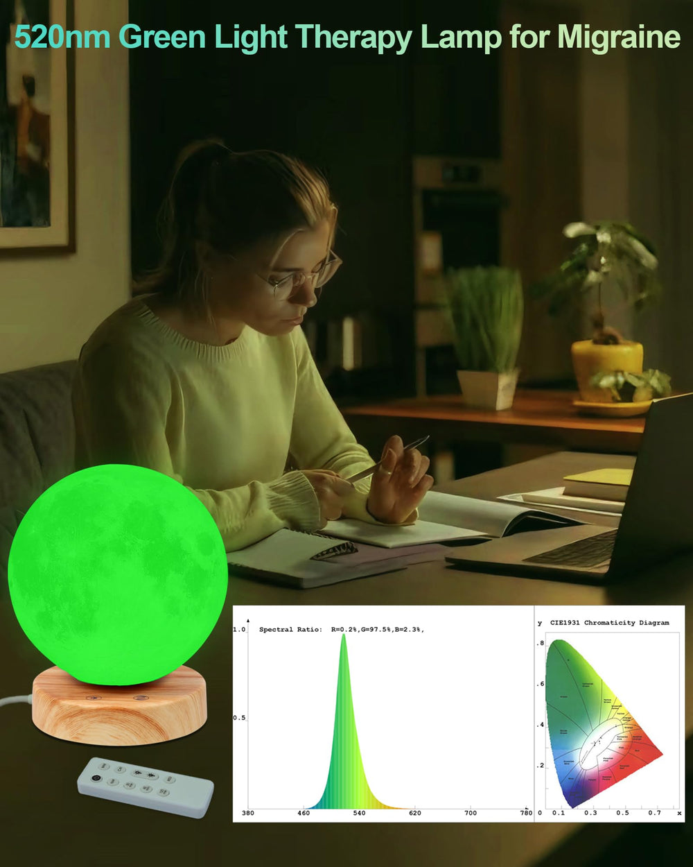 Aoife lamp side view with 520nm green light and sleek profile