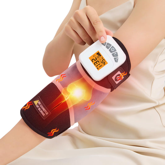 AOKESTE cordless elbow heating pad showing portable battery use for on-the-go relief