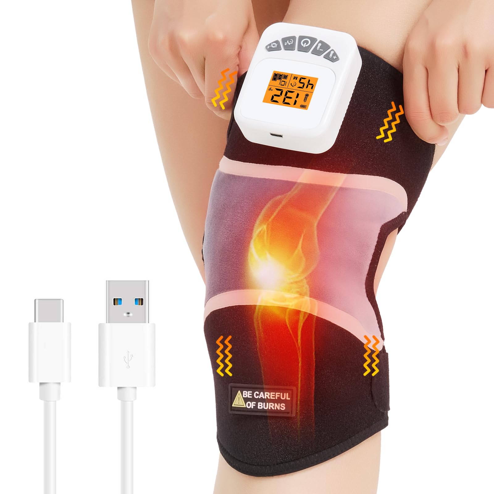 AOKESTE cordless knee massager on leg provides portable warmth and massage.