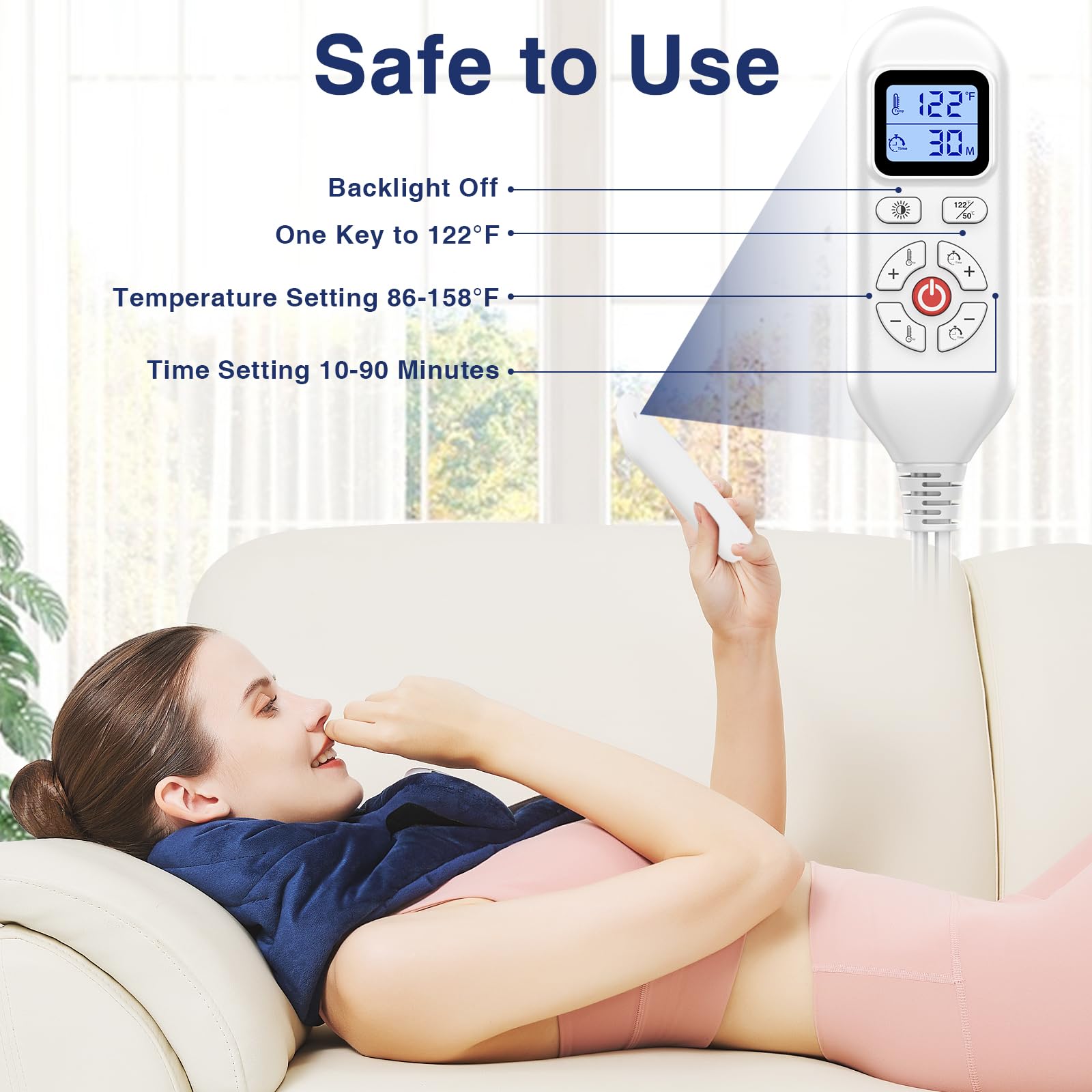 AOKESTE neck heating pad shows large 30x8 coverage for neck and shoulders.