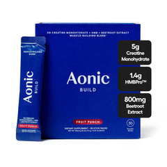 AONIC Build 3-in-1 creatine powder stick pack ready to mix during workouts.