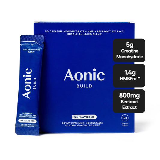AONIC Build 3-in-1 creatine powder sticks pack, ready for workouts.