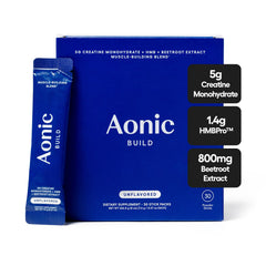 AONIC Build 3-in-1 creatine powder sticks pack, ready for workouts.