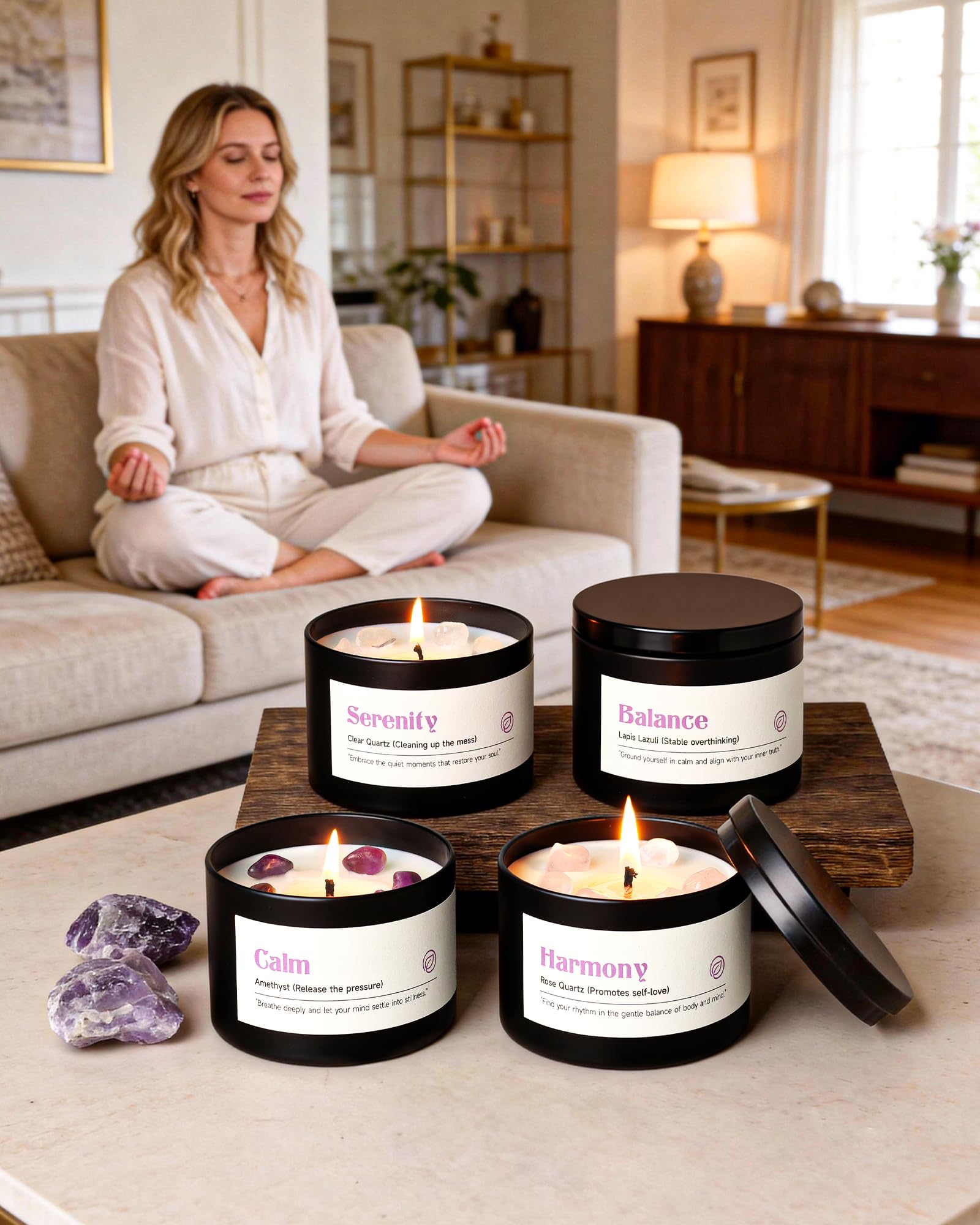 AOOVOO Crystal Soothing Candles Rose Quartz Harmony encourages gentle emotional balance