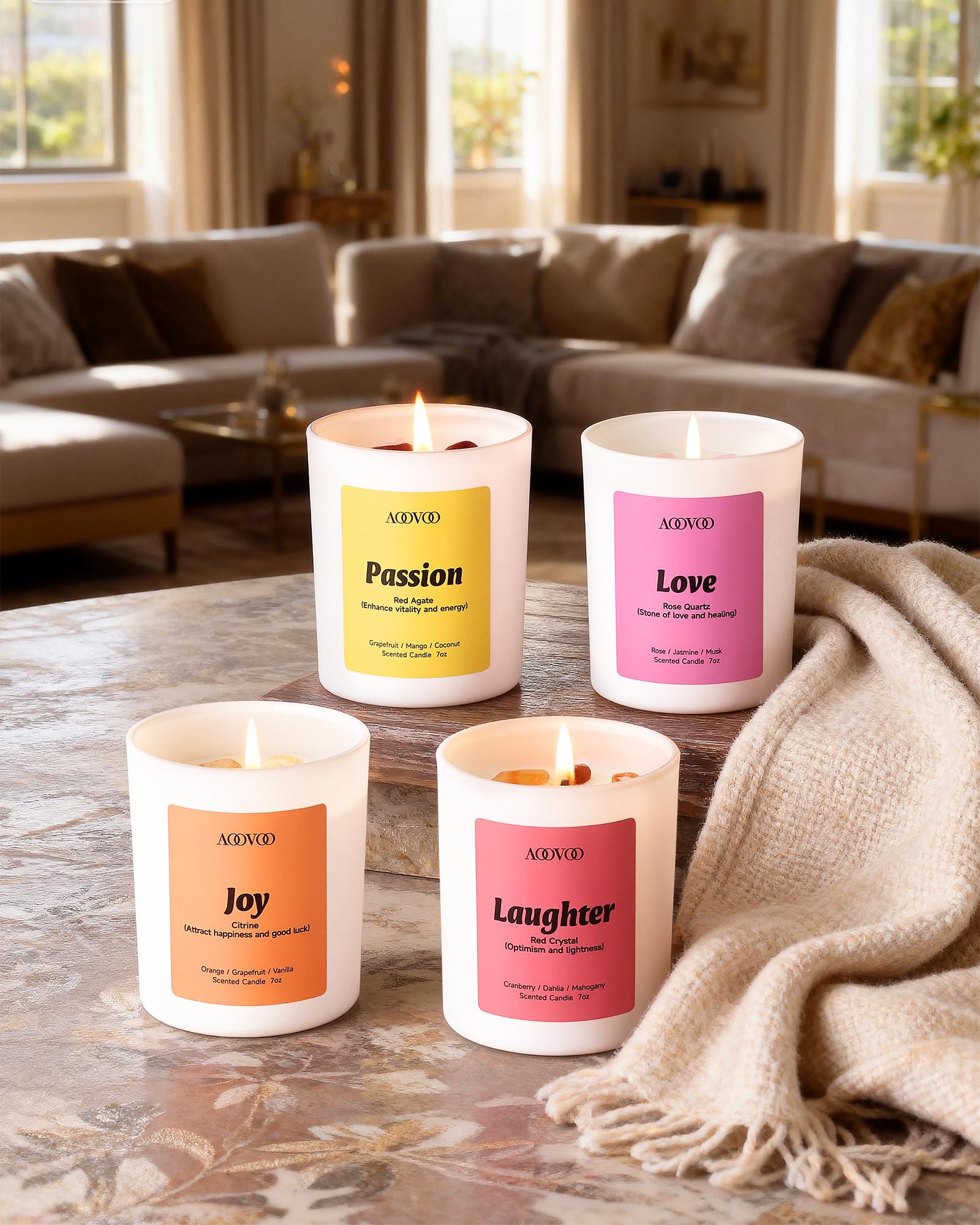 AOOVOO Energy Candles Love Rose Quartz with Rose Jasmine for emotional balance at night.