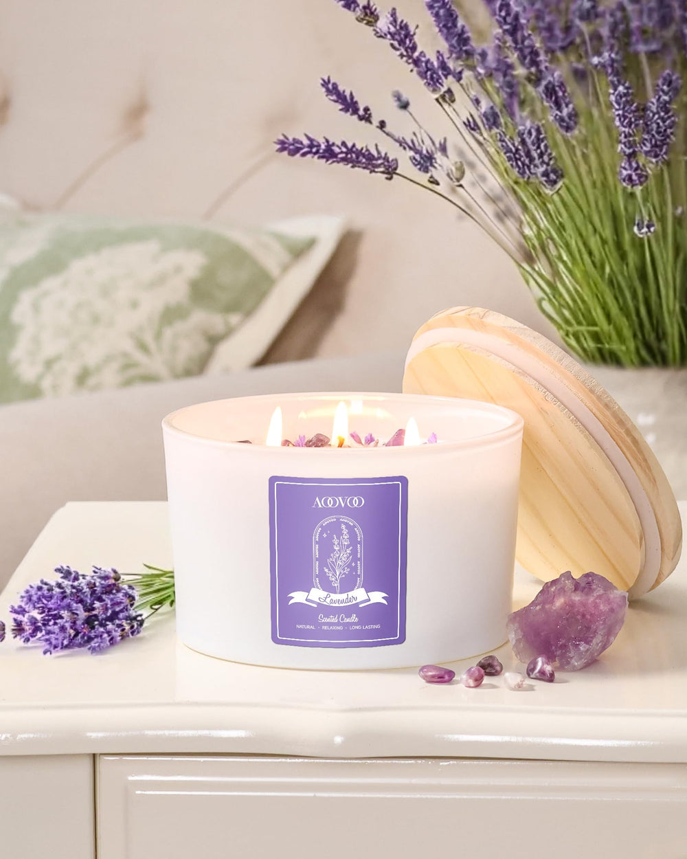 Room setting with soft lavender glow from AOOVOO candle