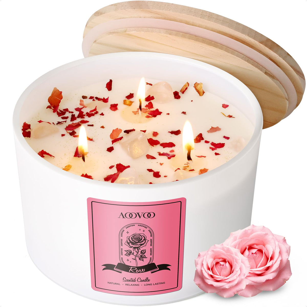 AOOVOO Rose Candle 3-wick 20oz with rich fragrance for relaxing evenings