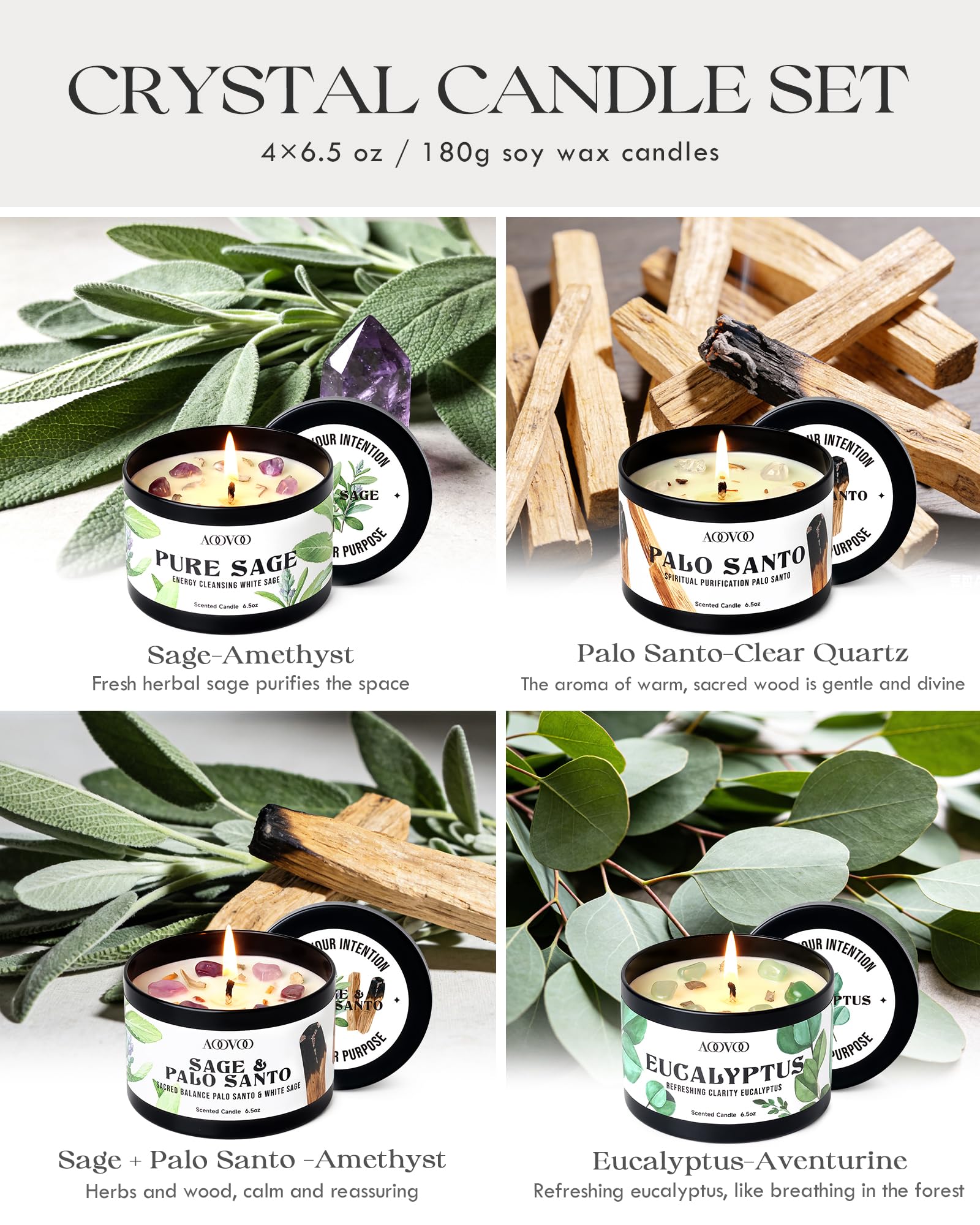 AOOVOO Sage and Palo Santo blend candle with crystals for balanced atmosphere