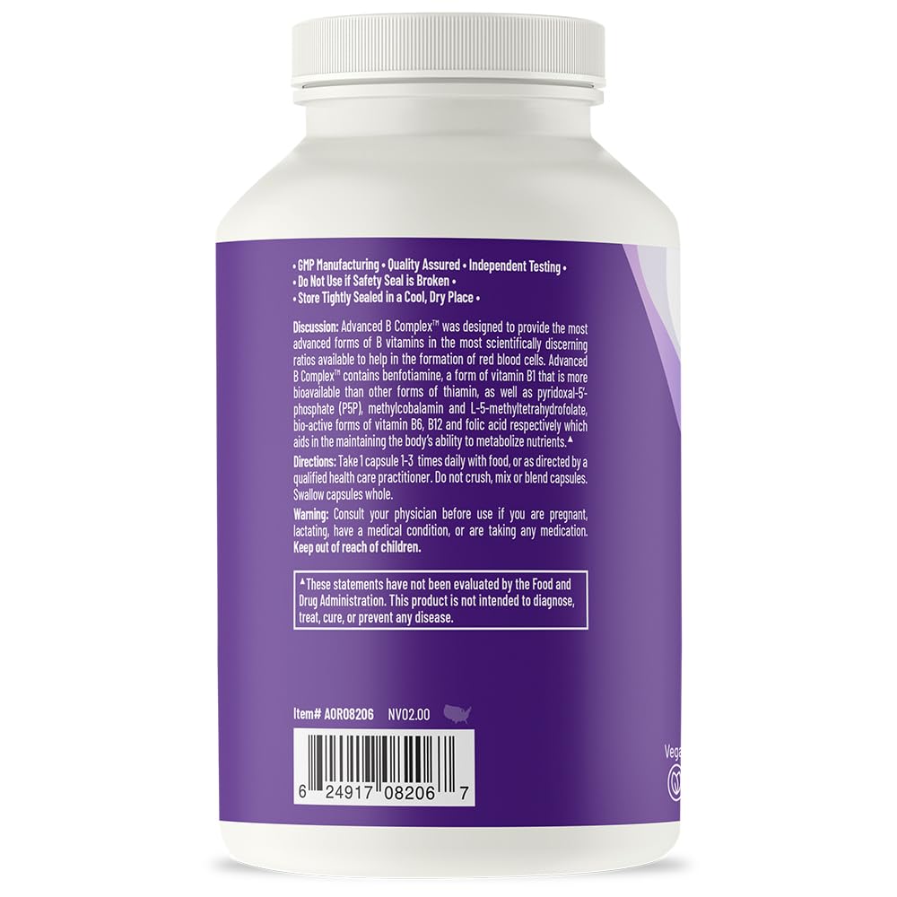 AOR Advanced B Complex bottle closeup showing vegan, non-GMO formula.