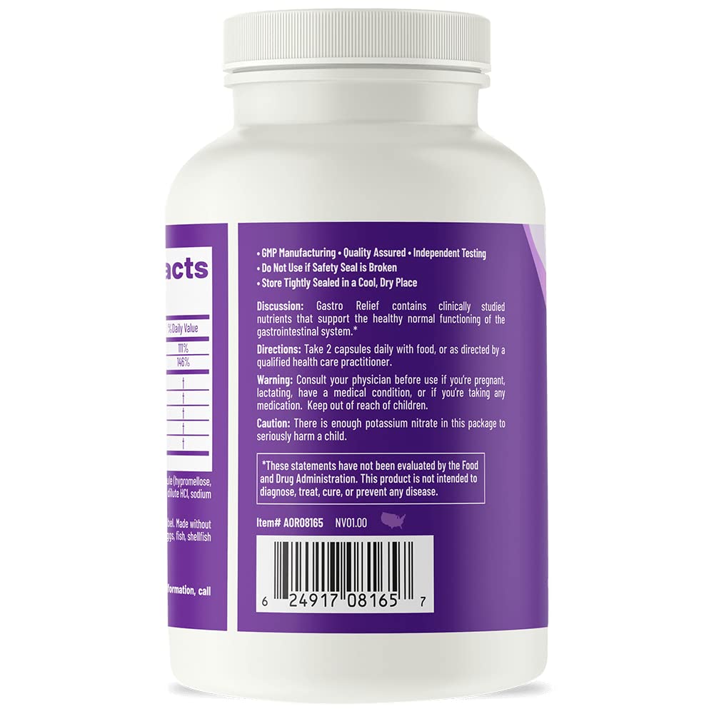 AOR Gastro Relief bottle back label detail highlighting vegan, allergen-free formula for gastric comfort