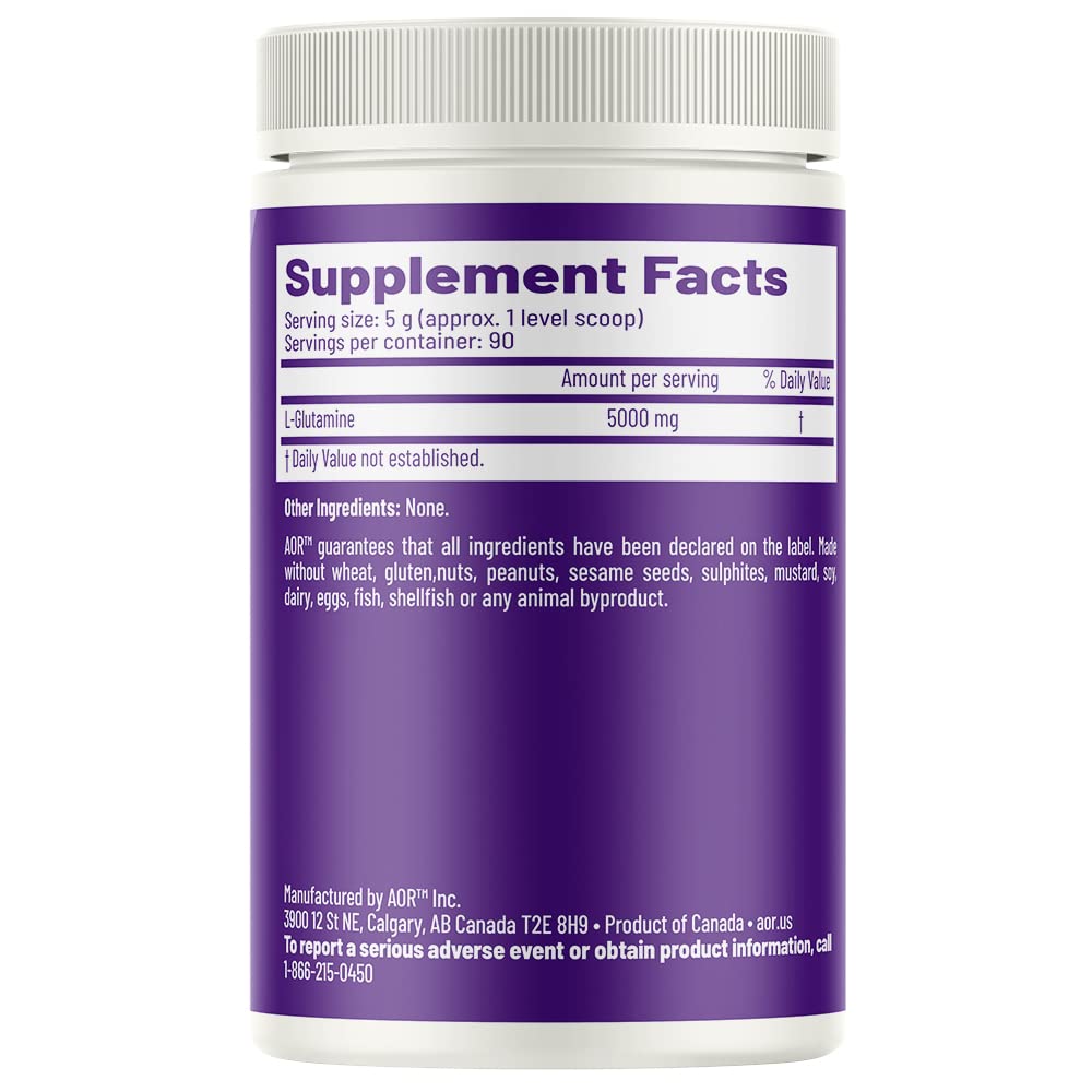 AOR L-Glutamine container with scoop shows label for muscle repair and daily use