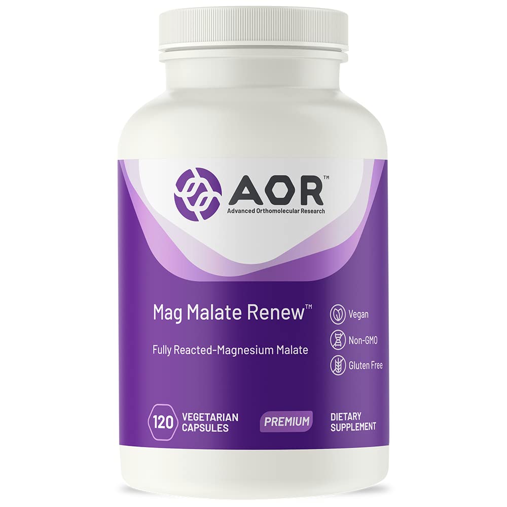 AOR Mag Malate Renew bottle on display highlighting muscle support and daily wellness