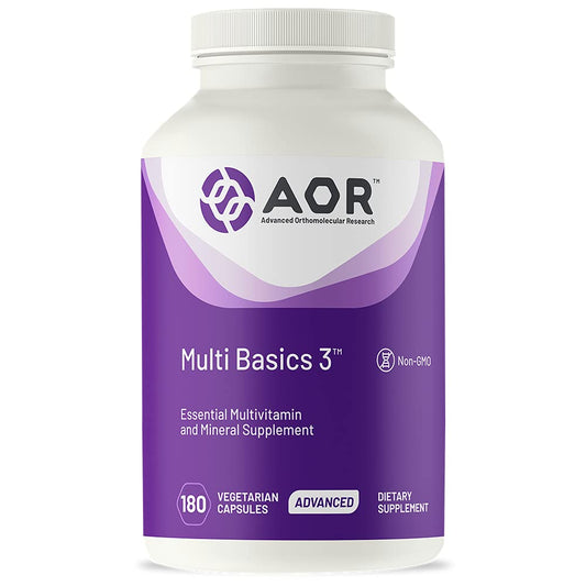 AOR Multi Basics 3 bottle with capsules, supports balanced daily nutrition.