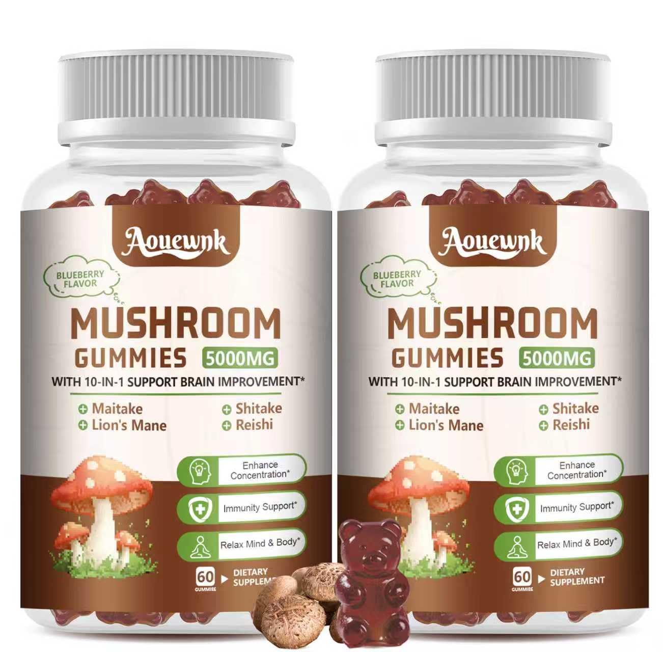 Aouewnk Mushroom Gummies bottle front highlights berry flavor for daily use.