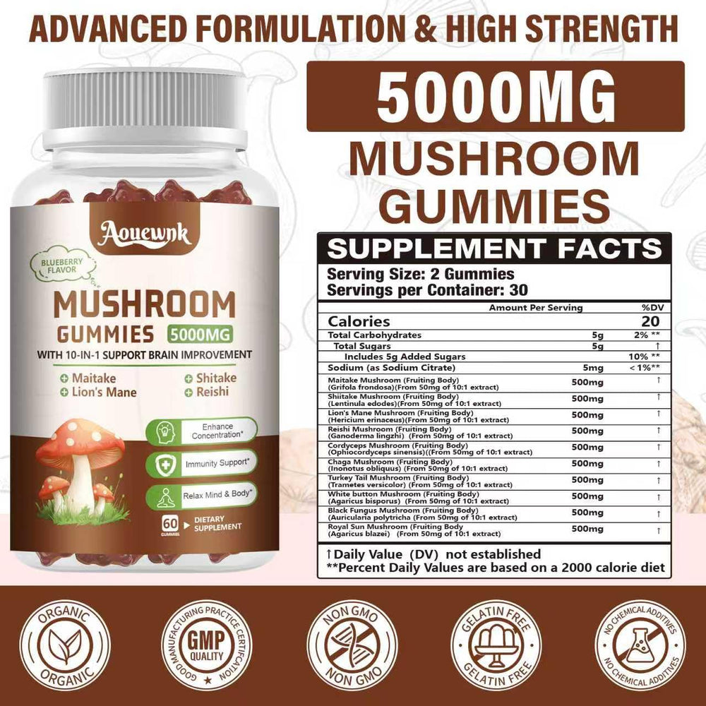 Aouewnk Mushroom Gummies bottle side shows a non-GMO 120-count supply.