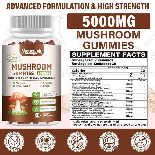 Aouewnk Mushroom Gummies bottle side shows a non-GMO 120-count supply.