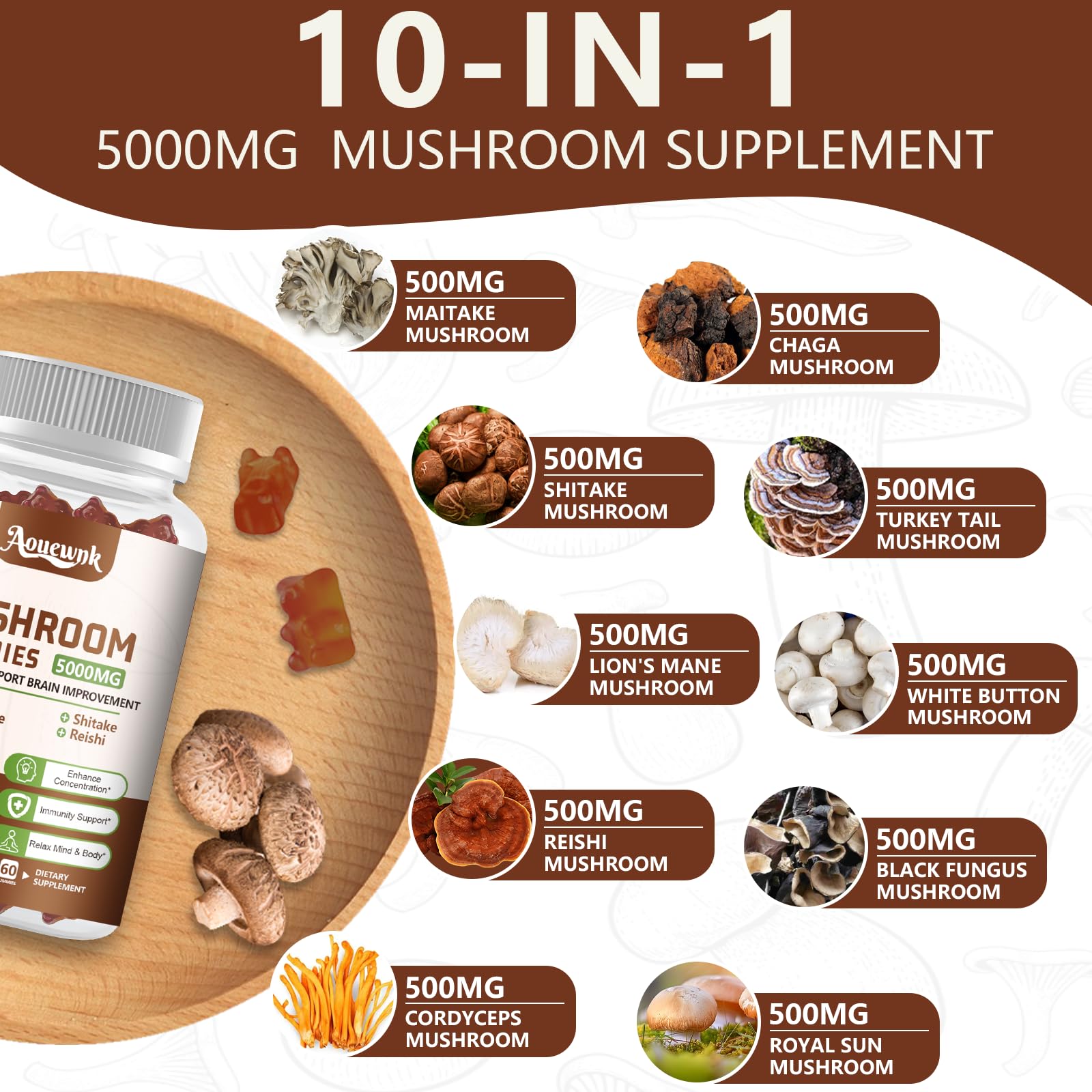 Aouewnk Mushroom Gummies label details the 10-mushroom blend for focus and balance.