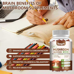 Aouewnk Mushroom Gummies packaging box emphasizes branding and benefits.