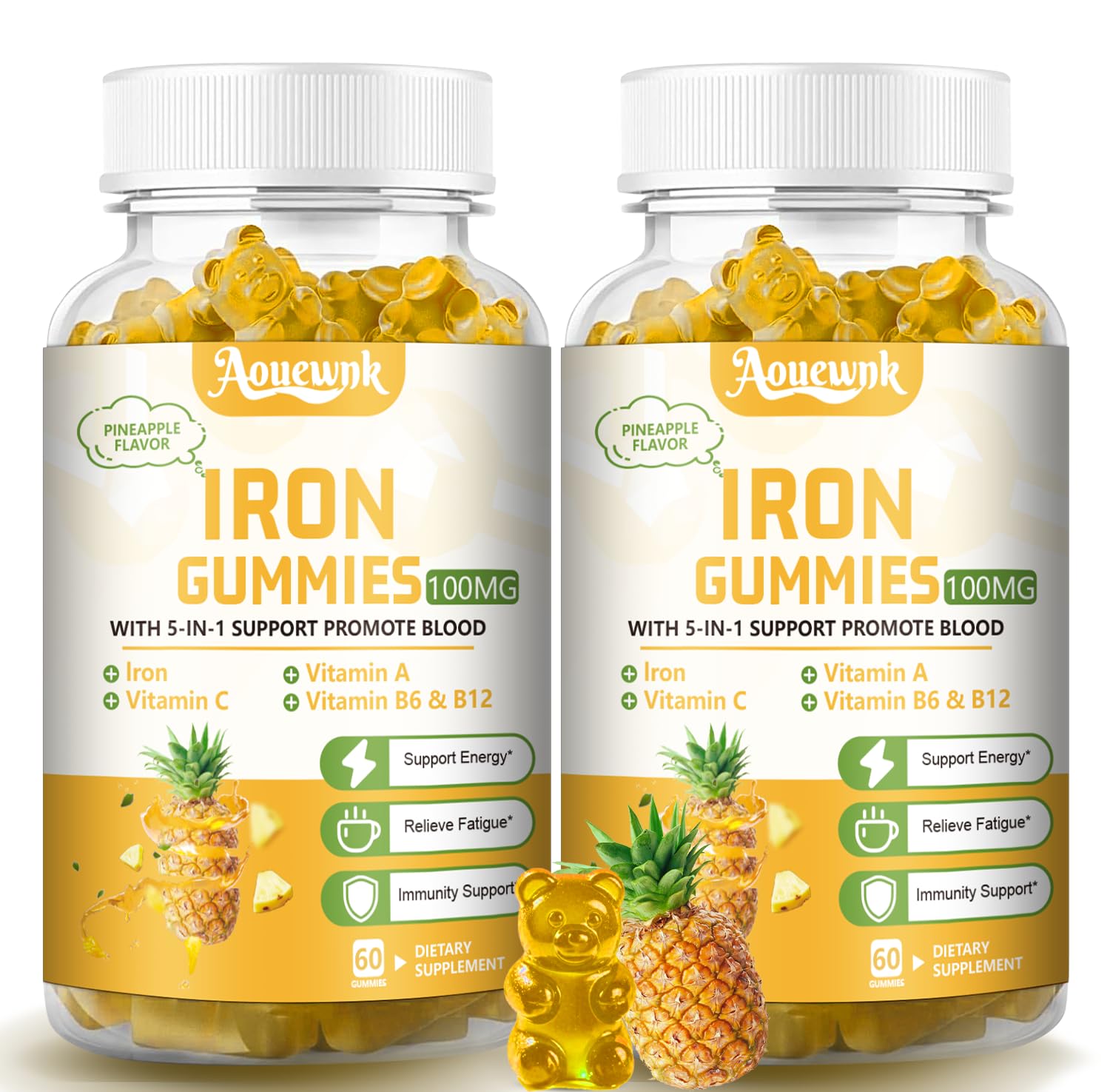 Aouewnk iron gummies bottle front view for daily energy support.