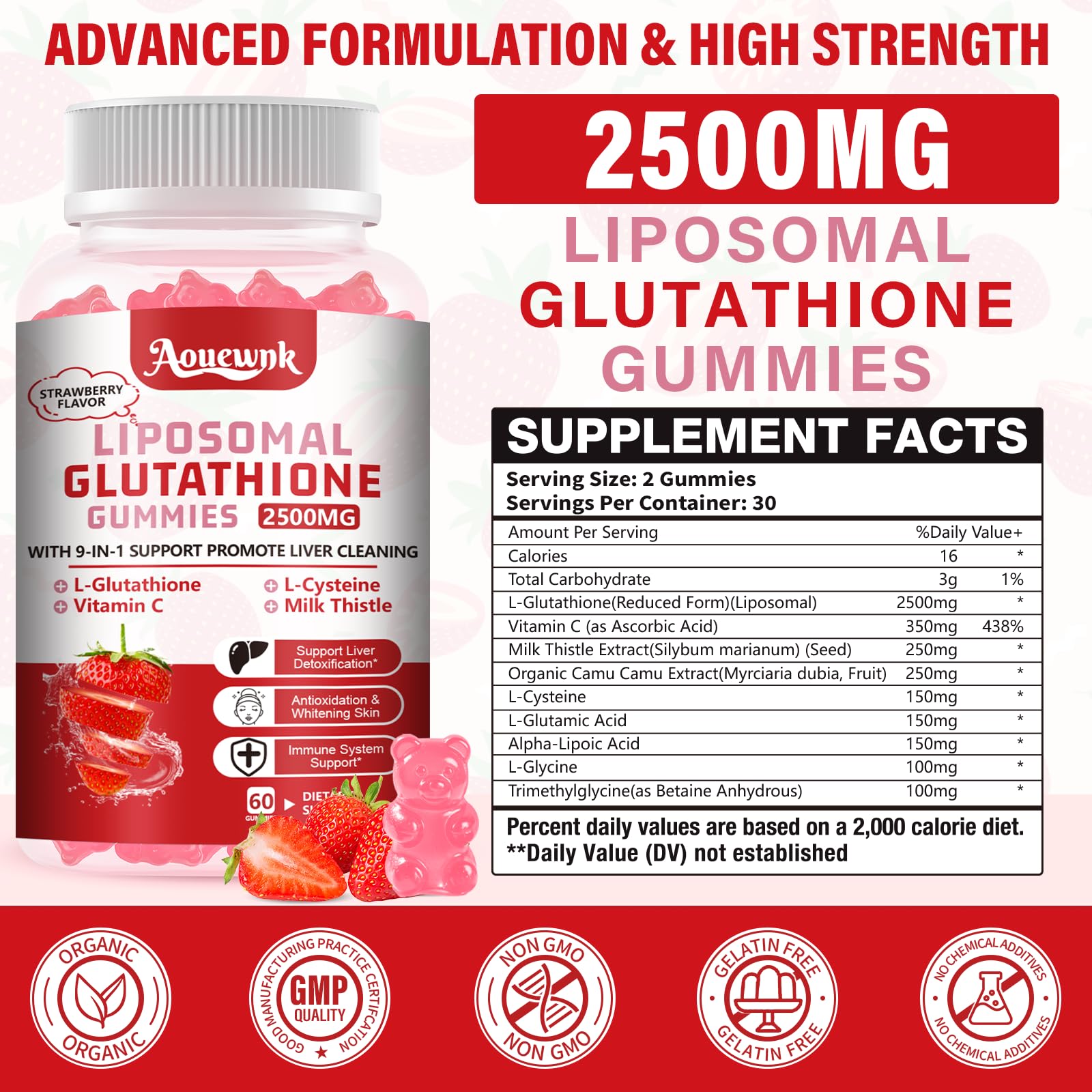 Aouewnk liposomal glutathione gummies shown as a chewy daily supplement for antioxidant support.