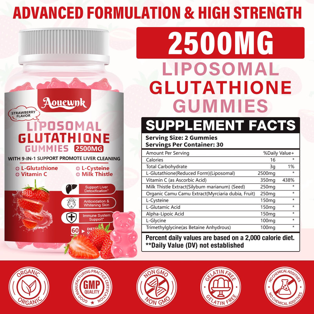 Aouewnk liposomal glutathione gummies shown as a chewy daily supplement for antioxidant support.