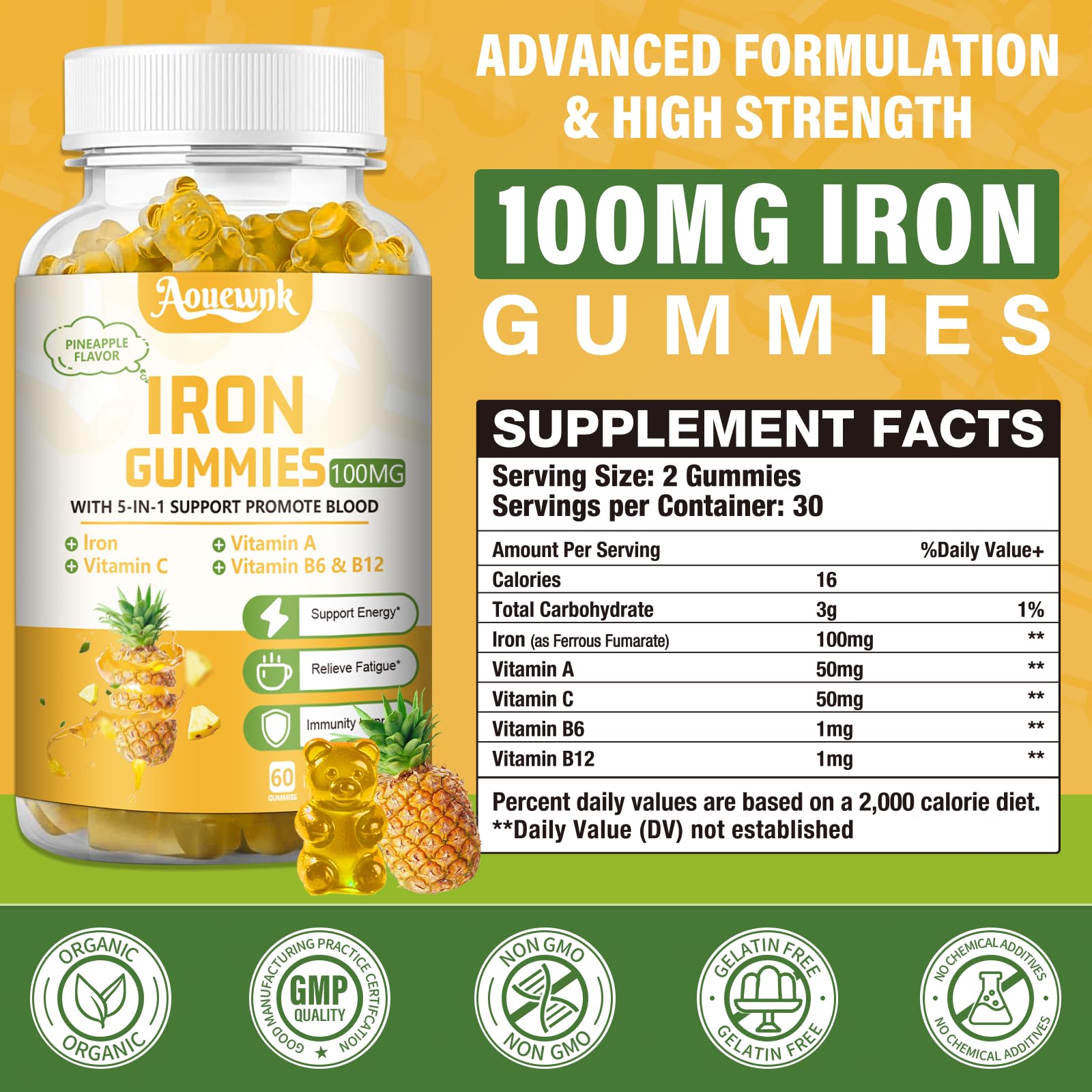 Aouewnk iron gummies close-up reveals chewy texture and pineapple flavor for easy daily intake.