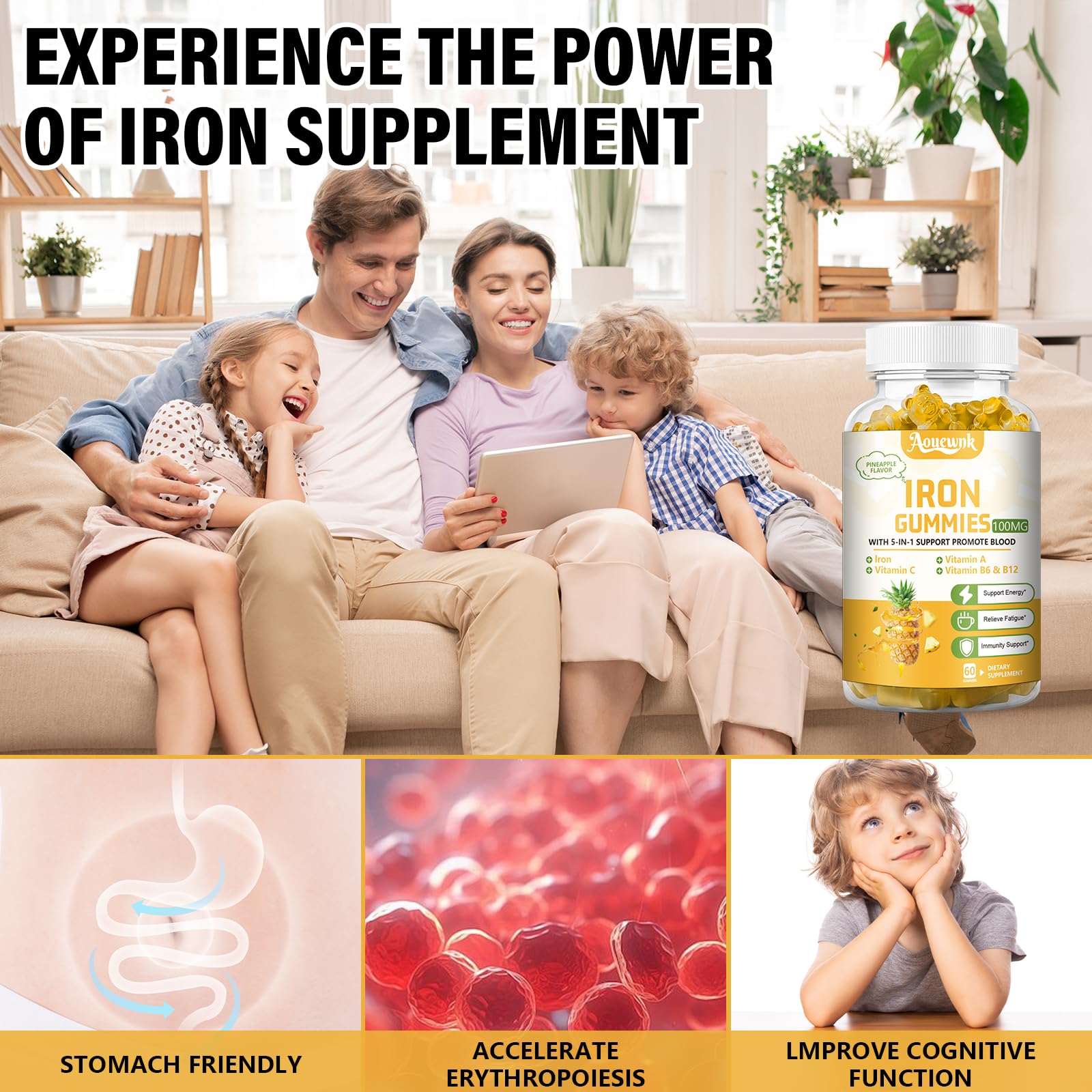 Aouewnk ingredients panel shows vitamins A, C, B6, B12 with iron.