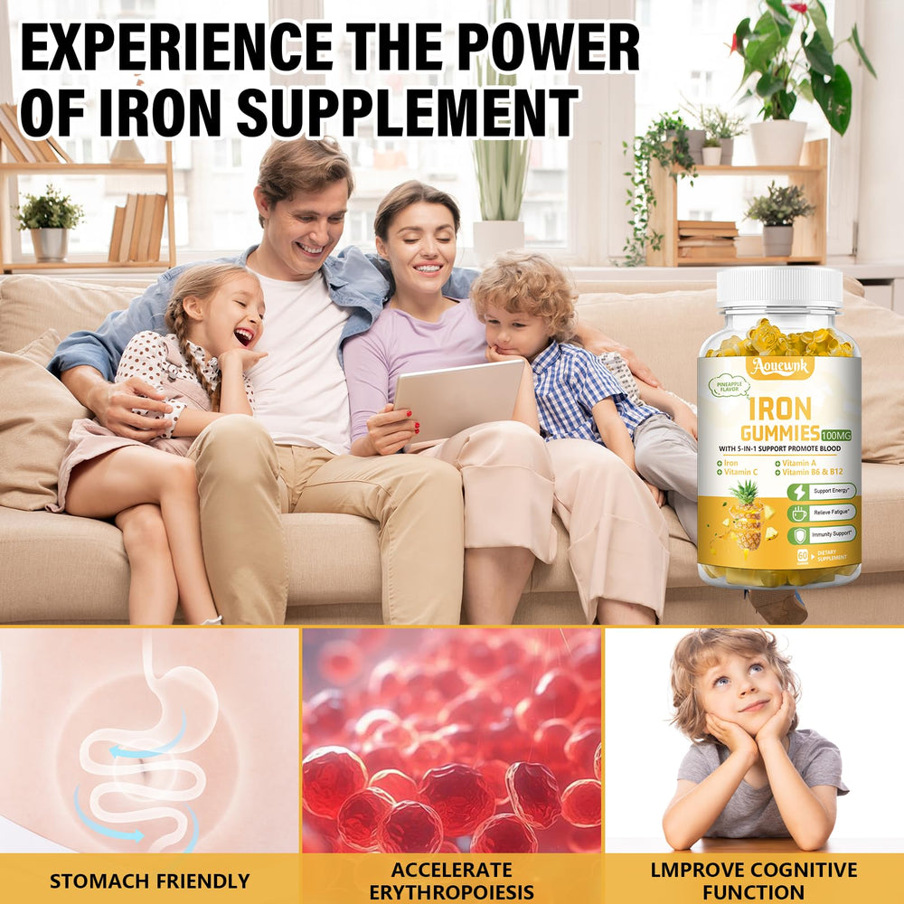 Aouewnk ingredients panel shows vitamins A, C, B6, B12 with iron.