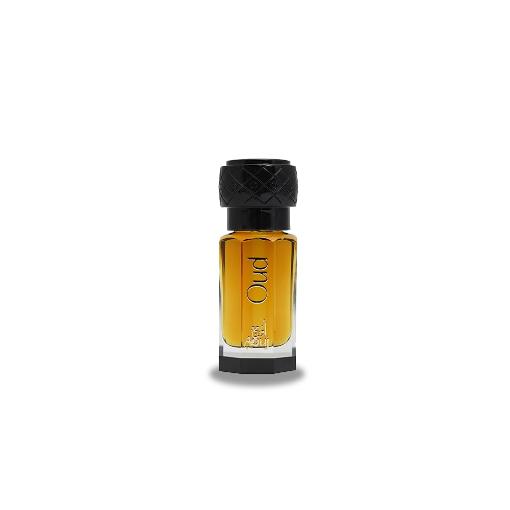 AOUJ Dehn Oud perfume oil bottle close-up; long-lasting amber warmth for evening wear.