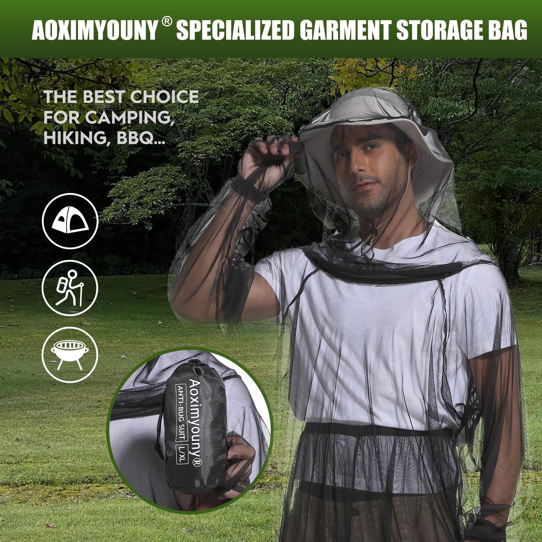 Aoximyouny mosquito suit mitts offer hands-free insect protection.