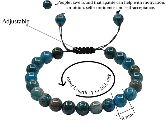 Apatite Bracelet wrist shot showing adjustable 7 to 10.5 inch fit.