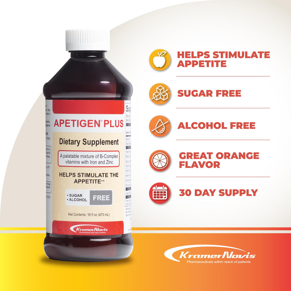 Apetigen-Plus orange liquid close-up, sugar-free and easy to swallow